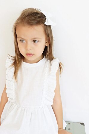 Kız Çocuk Eloise Keten Kolsuz Fırfırlı Dantel Detaylı Elbise Toka Takım