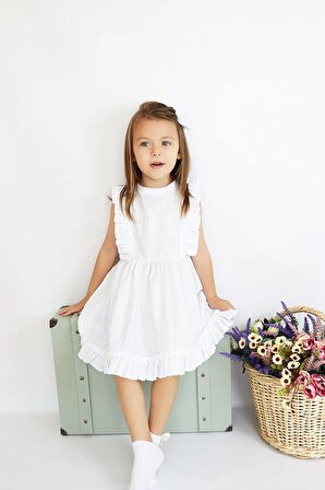 Kız Çocuk Eloise Keten Kolsuz Fırfırlı Dantel Detaylı Elbise Toka Takım