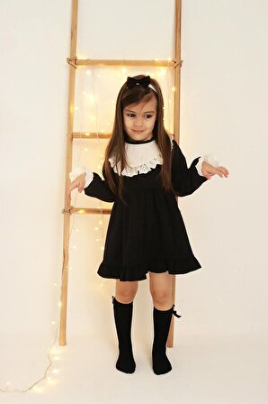 Kız Çocuk Ruby Siyah Uzun Kollu Dantel Detaylı Fırfırlı Elbise Bandana Takım