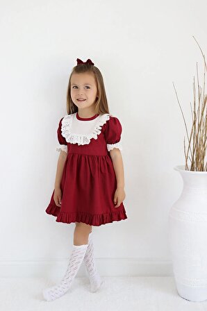Kız Çocuk Bordo Ruby Fırfırlı Dantel Detaylı Kısa Kollu Elbise Bandana Takım