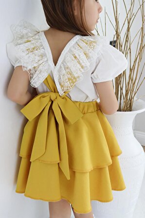 Kız Çocuk Helen Sarı Askılı Kat Kat Bağlama Jile Elbise Dantel Detay Kısa Kollu Bluz Takım