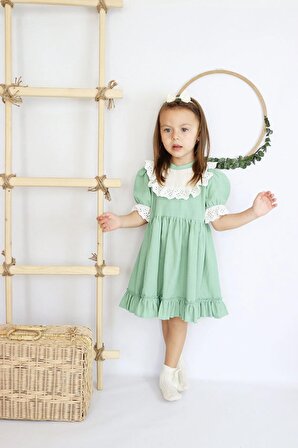 Kız Çocuk Mint Ruby Fırfırlı Dantel Detaylı Kısa Kollu Elbise Bandana Takım