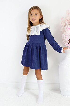 Kız Çocuk Belinda Mavi Uzun Kollu Fisto Yaka Detaylı Elbise