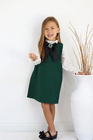Kız Çocuk Zümrüt Yeşil Vanessa Broş Detaylı Tüvit Uzun Kollu Yılbaşı Elbisesi