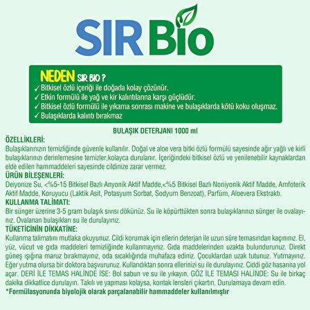 Sır Bio Bitkisel Özlü Elde Bulaşık Deterjanı 1000 ml Pompalı Şişe + 500 ml