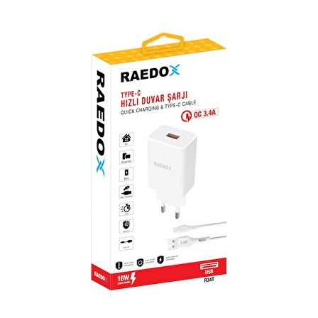 Raedox 18W 3.4A Type-C  Duvar Şarjı