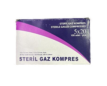 Kuteks Steril Gaz Kompres 7,5cm x 7,5cm 4 Kat (5x20 Adet) 100'lü -SKT-11/2025