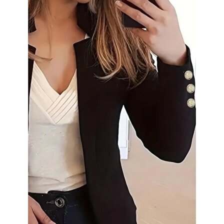 Lucky Life Kadın Uzun Kollu Kol Düğme Detay Ithal Krep Ceket