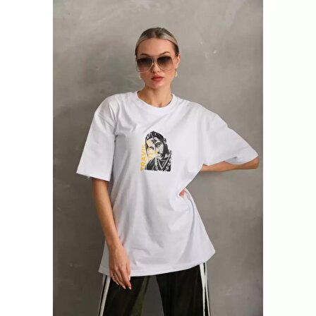 Lucky Life Unisex Baskılı Oversize T-Shirt - Beyaz