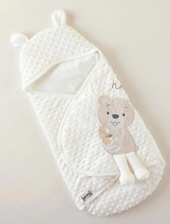 Bebecix Pamuklu Ayıcık Desenli Tek Ebat Bebek Battaniyesi Beyaz