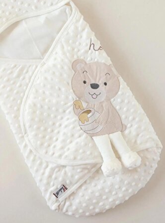 Bebecix Pamuklu Ayıcık Desenli Tek Ebat Bebek Battaniyesi Beyaz