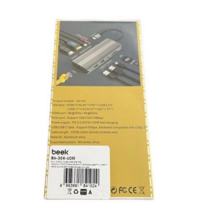 BEEK BA-DCK-UC10 10'lu USB Type-C DOCKING STATION Type-C=>HDMI*2+RJ45+PD+USB3.0*2+Tip-C+AUX3,5+SD+TF