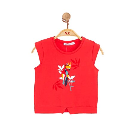 Kız Çocuk T-Shirt Dijital Papağan Baskılı Kırmızı