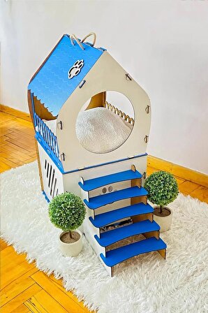 Mavi Trend İki Katlı Merdivenli Kedi Evi Beyaz - Mavi 
