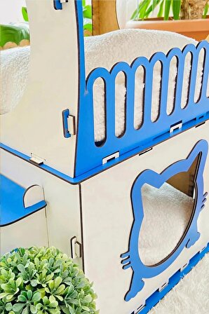 Mavi Trend İki Katlı Merdivenli Kedi Evi Beyaz - Mavi 