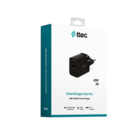 ttec SmartCharger Duo PD 45W Seyahat Hızlı Şarj Aleti USB-C+USB-A