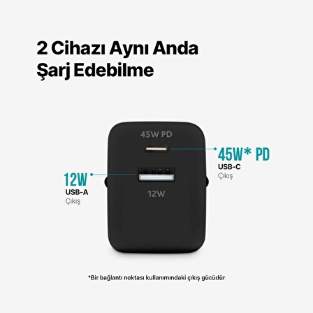 ttec SmartCharger Duo PD 45W Seyahat Hızlı Şarj Aleti USB-C+USB-A