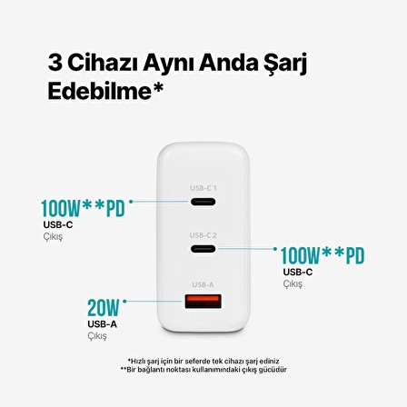 ttec SmartCharger Trio GAN 120W PD Seyahat Hızlı Şarj Aleti 2 USB-C+USB-A