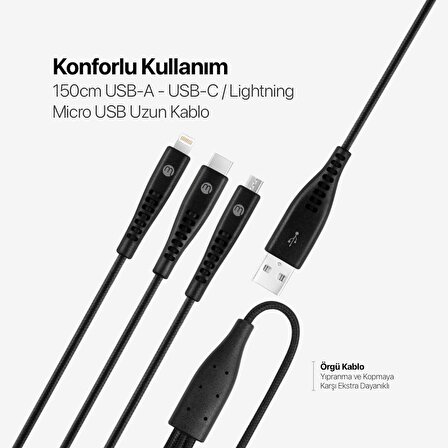 mojue By ttec Ekstra Dayanıklı Trio Şarj Kablosu USB-A - USB-C / Lightning / Micro USB 150cm-Siyah
