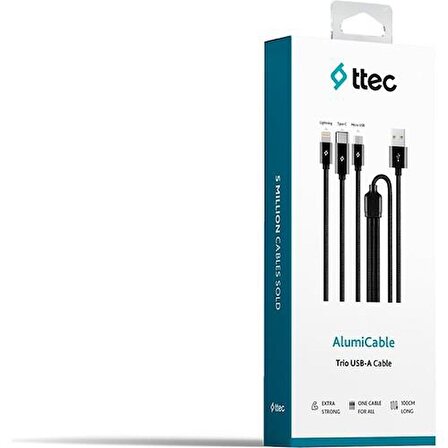 Ttec 2dk39s AlumiCable Trio Şarj Kablosu 1mt. USB-A - USB-C / Lightning / Micro USB