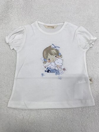Mini Damla T-Shirt Kedili Kız Ekru