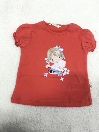 Mini Damla T-Shirt Kedili Kız Nar Çiçeği
