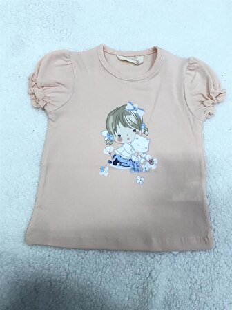 Mini Damla T-Shirt Kedili Kız Somon