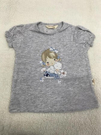 Mini Damla T-Shirt Kedili Kız Gri Melanj