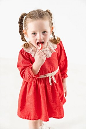 Kız Bebek Çocuk Dantel Yakalı Kırmızı Vintage Elbise, Doğum Günü, Bayramlık, Düğün Parti Elbisesi