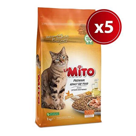 Mito Adult Cat Tavuklu Yetişkin Kedi Maması Yeni Ambalaj Taze Mama / 1 Kg x 5 Paket