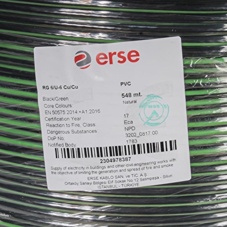 Erse Coaxial TV Kablosu RG 6/U-6 Cu/Cu Siyah Yeşil (10 METRE)