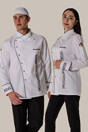 Beyaz Aşçı ve Mutfak Şef Ceketi Siyah Nakış Desenli ve Biyeli