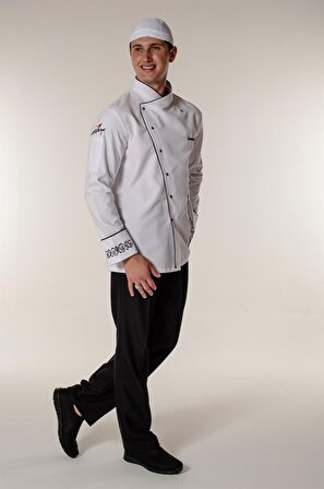 Beyaz Aşçı ve Mutfak Şef Ceketi Siyah Nakış Desenli ve Biyeli