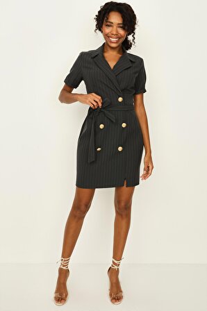 Kadın Çizgili Düğme Detaylı Kuşaklı Ceket Elbise