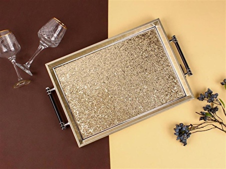 Sembol 50x31x4cm Kulplu Altın Gold Simli Ahşap/cam Tepsi Luxtray-001