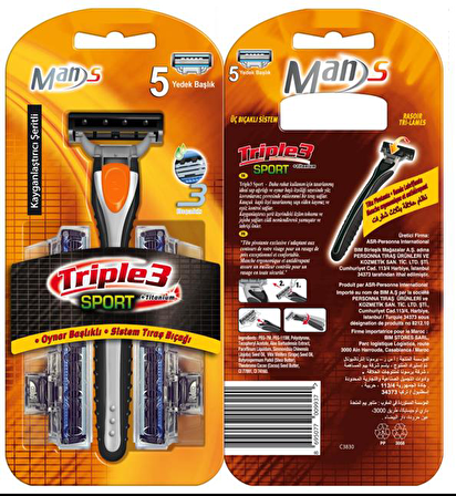 Personna Triple 3 5'li 3 Bıçaklı Tüm Cilt Tipleri İçin Manuel Tıraş Makinesi ve Yedeği