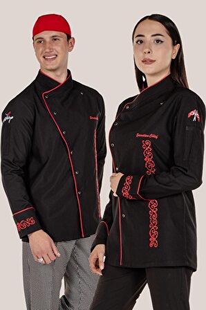 Siyah Aşçı ve Mutfak Şef Ceketi Kırmızı Nakış Desenli ve Biyeli