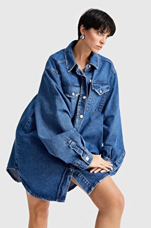 Kadın Mavi Renk Süper Oversize %100 Koton Denim Ceket Gömlek