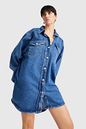 Kadın Mavi Renk Süper Oversize %100 Koton Denim Ceket Gömlek