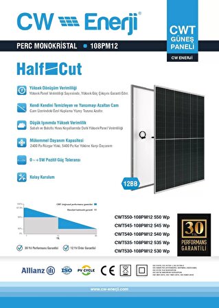 CW Enerji 545 Watt Halfcut Multibusbar Monokristal Güneş Paneli 31 Adet 1 Palet
