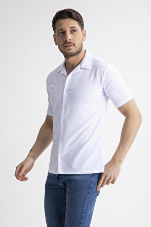 Erkek Beyaz Slim Fit Yazlık Kısa Kol Apaş Yaka Pamuklu Kumaş Gömlek