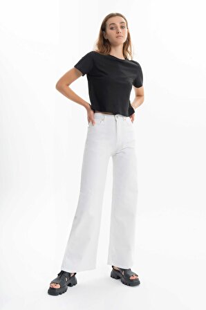 Kadın Beyaz Renk Bol Kesim Wide Leg Fit Denim Pantolon
