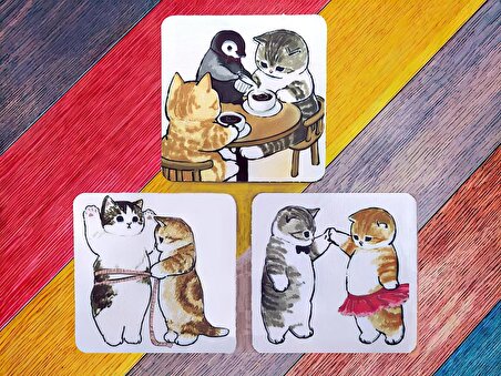 Sevimli Kediler Desenli Kaydırmaz Tabanlı Bardak Altlığı 3'Lü Set