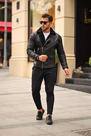 Erkek Napa Deri Içi Full Kürklü Yüksek Kalite Slim Fit Siyah Mont & Ceket