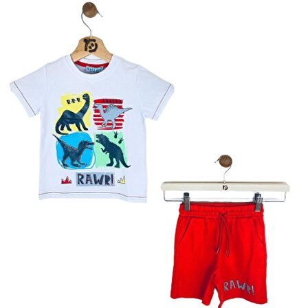 Erkek Çocuk İkili Takım Dinosaur  Baskılı T-Shirt - Kırmızı Şort