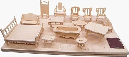 Ahşap 184 Parça Minyatür Boyanabilir Ev Eşyaları Maketi 3D Ahşap Oyuncak Mobilya Seti