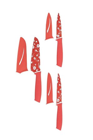 Tantitoni 3'lü Kırmızı Çiçek Desenli Kılıflı Bıçak Seti