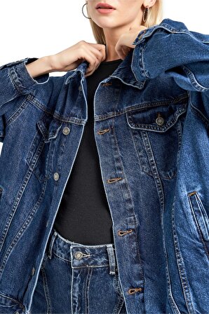 Kadın Mavi Renk Oversize %100 Koton Denim Ceket