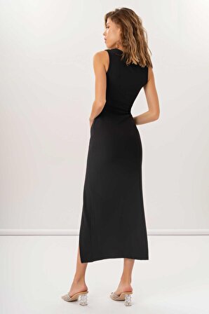 Kadın Siyah Renk İnce Fitilli Süper Esnek Yırtmaçlı Uzun Elbise