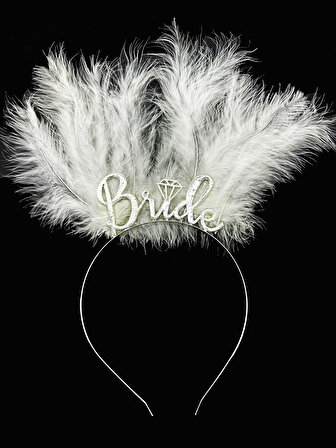 Beyaz Tüylü İthal Gümüş Renk Bride Gelin Tacı 25x20 cm